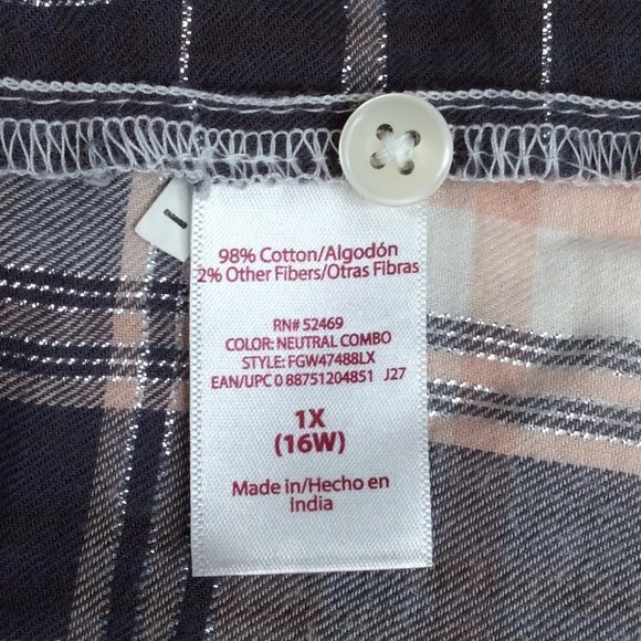 Faded Glory Top Womens Size 1X / 16W Gray Pink Plaid Long Sleeve Button Down - Picture 6 of 6